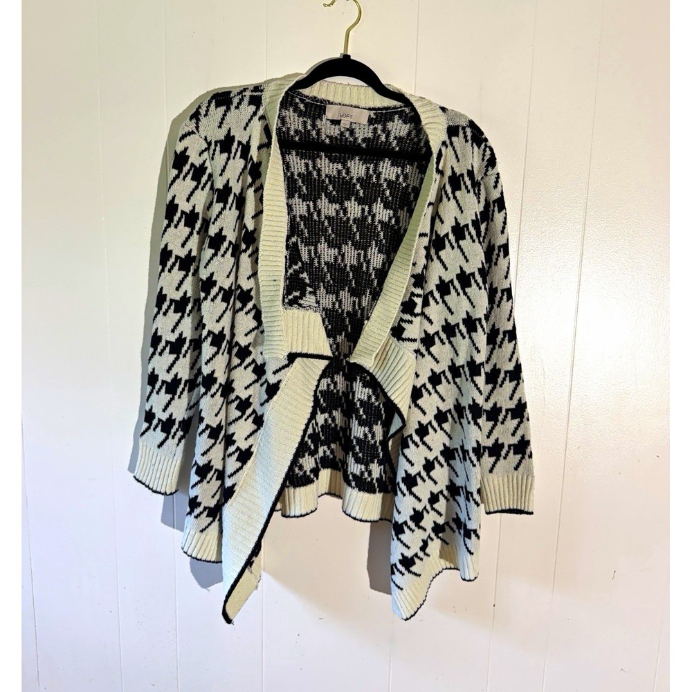 LOFT Ivory Black Houndstooth Knit Open Front V-Neck Cardigan Sweater Women L